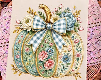 Blue Coquette Pumpkin PNG, Floral Fall Pumpkin PNG, Cottagecore Autumn Pumpkin, Vintage Bow Pumpkin Sublimation Download