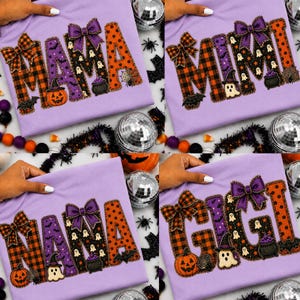 以下が含まれることがあります： MAMA、MIMI、NANA、またはGIGIという文字が大きくプリントされたライトパープルのTシャツ。文字はオレンジと黒のチェック柄、紫の模様、リボン、カボチャ、お化け、コウモリ、大釜などのハロウィーンをテーマにしたデザインで装飾されています。