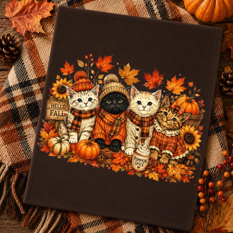 May include: A dark brown rectangular sign featuring four kittens wearing autumn-themed clothing, including knit hats and scarves. The illustration includes orange pumpkins, sunflowers, and fall leaves, with text that reads HELLO FALL and PUMPKIN SPICE.