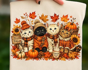 Gatos de otoño PNG, gatitos otoñales acogedores, gatos con especias de calabaza, sublimación de gatos de Acción de Gracias, imágenes prediseñadas de otoño adorables, descarga instantánea