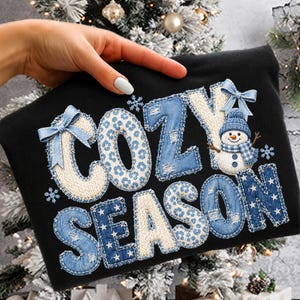 Cozy Season PNG, Blue Denim Winter Design, Patchwork Snowman Clipart, Knit Sweater Letters, Winter Sublimation PNG