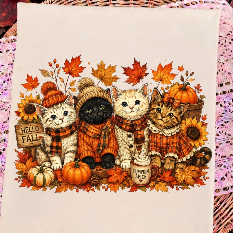 May include: A white fabric towel featuring four kittens wearing autumn clothing, surrounded by orange maple leaves, sunflowers, and pumpkins. A wooden sign reads HELLO FALL and a mug is labeled PUMPKIN SPICE with a small heart icon below the text.