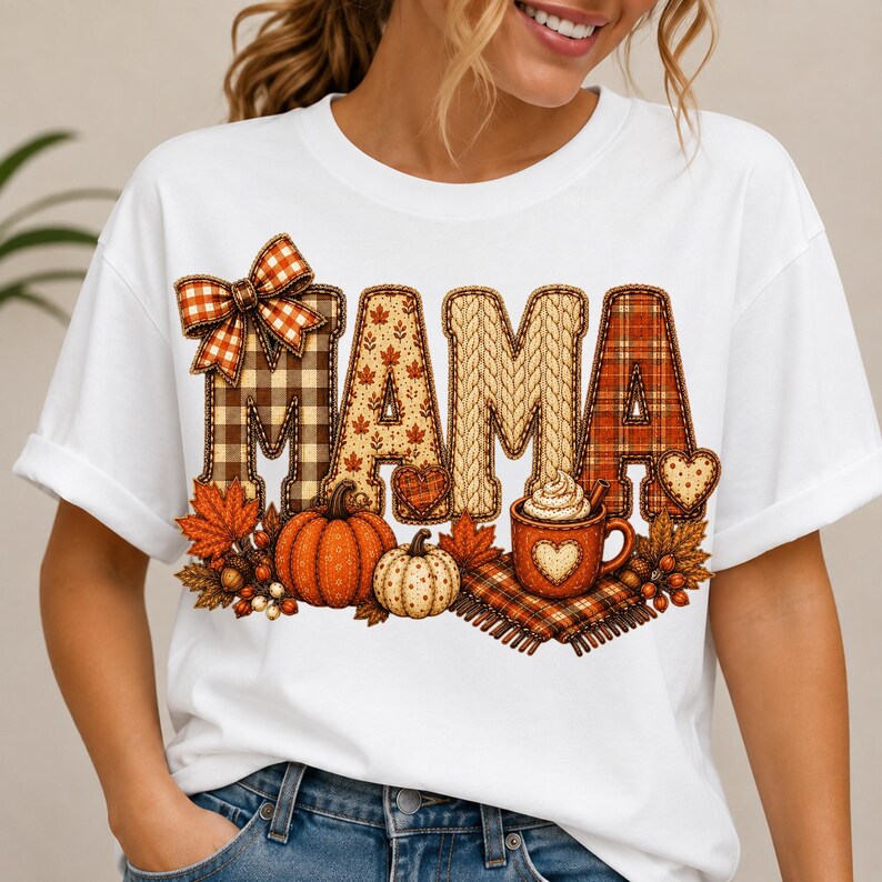 May include: A white t-shirt featuring the word MAMA in large, decorative letters with various autumn-themed patterns including plaid, cable knit, and leaf prints. The design includes a plaid bow, orange and white pumpkins, and a mug of cocoa.