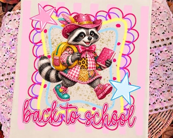 Back to School Raccoon PNG, Cute School Girl Sublimation, Pink Backpack Preppy Design, Teacher Digital Download