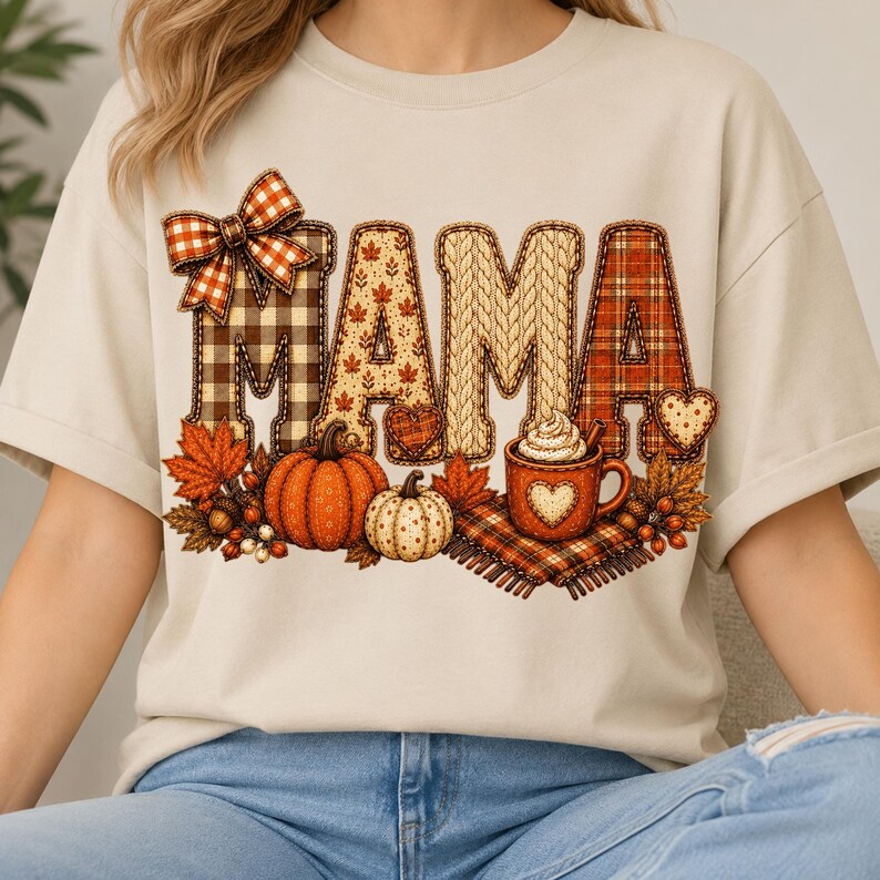 May include: A beige short-sleeve t-shirt featuring the word MAMA in large letters with varied autumn-themed patterns including plaid, cable knit, and leaves. The design includes a plaid bow, pumpkins, a mug of cocoa, and fall foliage.