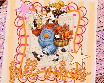 Vaca con ambiente otoñal PNG, Linda vaca de las Tierras Altas por sublimación, Calabaza otoñal Café Descarga digital, Acogedor otoño PNG