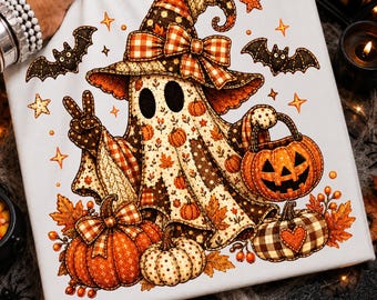 Cute Fall Halloween Ghost PNG, Patchwork Witch Ghost with Pumpkins, Cozy Autumn Spooky Sublimation Design, Trick or Treat PNG