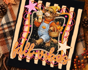 Fall Vibes Highland Cow PNG, Cute Autumn Cow Sublimation, Pumpkin Spice Coffee PNG, Cozy Fall Digital Download
