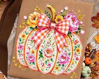 Pink Coquette Pumpkin PNG, Floral Fall Pumpkin PNG, Cottagecore Pumpkin Bow, Vintage Autumn Pumpkin Sublimation Download