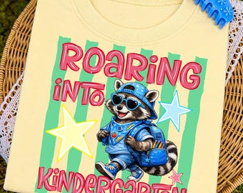 Roaring Into Kindergarten PNG, Raccoon Back To School PNG, First Day Of School Boy PNG, Kindergarten Sublimation Download