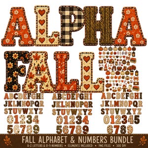 Könnte beinhalten: Ein digitales Grafikpaket mit dem Text ALPHA FALL, einem Alphabet und Zahlen in verschiedenen herbstlichen Mustern wie Karos, Herzen, Blättern und Stricktexturen. Enthält kleine saisonale Symbole wie Kürbisse, Blätter und Kaffeebecher.