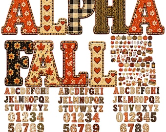 May include: A digital graphic bundle featuring the text ALPHA FALL, an alphabet, and numbers in various autumn-themed patterns like plaid, hearts, leaves, and knit textures. Includes small seasonal icons like pumpkins, leaves, and coffee cups.