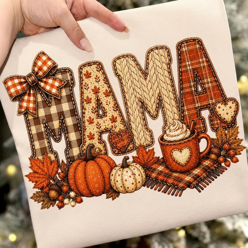 May include: A white fabric surface featuring a graphic print of the word MAMA in large letters with varied textures including plaid, autumn leaves, and cable knit patterns. A plaid bow, orange and white pumpkins, and a mug of cocoa are included.