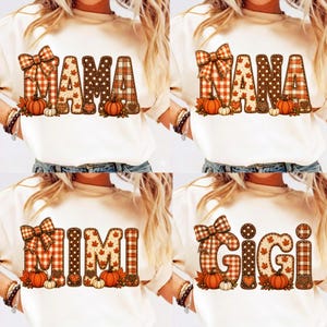 Fall Family PNG Bundle, Mama Nana Mimi Gigi PNG, Autumn Pumpkin Bow Sublimation, Thanksgiving Shirt Design, Digital Download