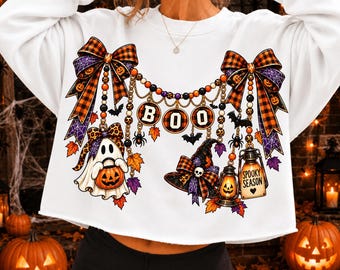 Halloween Boo Bow PNG, Ghost Pumpkin Plaid Hanging Charms, Spooky Season Sublimation Shirt Design