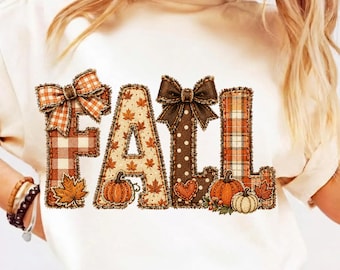 Letras PNG de patchwork otoñal, diseño acogedor de sublimación otoñal, palabra otoñal a cuadros de calabaza PNG para camiseta, taza, decoración de Acción de Gracias