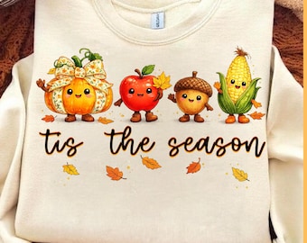 It's The Season PNG, Cute Fall Pumpkin Apple Acorn Corn PNG, Autumn Harvest Sublimation Design, Thanksgiving PNG Download