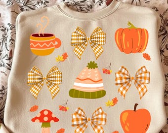 Fall Coquette PNG Bundle, Autumn Bow Clipart, Pumpkin Apple Mushroom Mug Beanie PNG, Preppy Fall Elements, Thanksgiving Sublimation Download