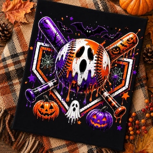 May include: A black canvas print featuring a baseball with a ghost face, dripping with orange and purple paint. Two crossed baseball bats, one purple and one orange with jack-o'-lantern faces, are positioned behind the ball. Includes a small white ghost, orange and purple pumpkins, spiderwebs, and stars.