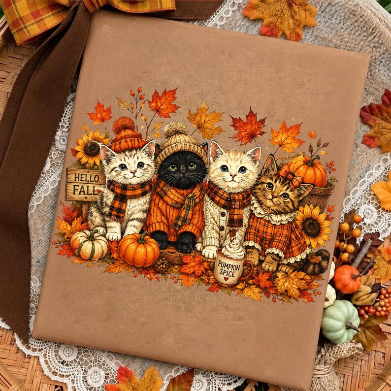May include: A square brown gift box featuring a graphic illustration of four kittens wearing autumn clothing, including hats and scarves, surrounded by orange pumpkins, sunflowers, and fall leaves. A sign reads HELLO FALL and a mug says PUMPKIN SPICE.