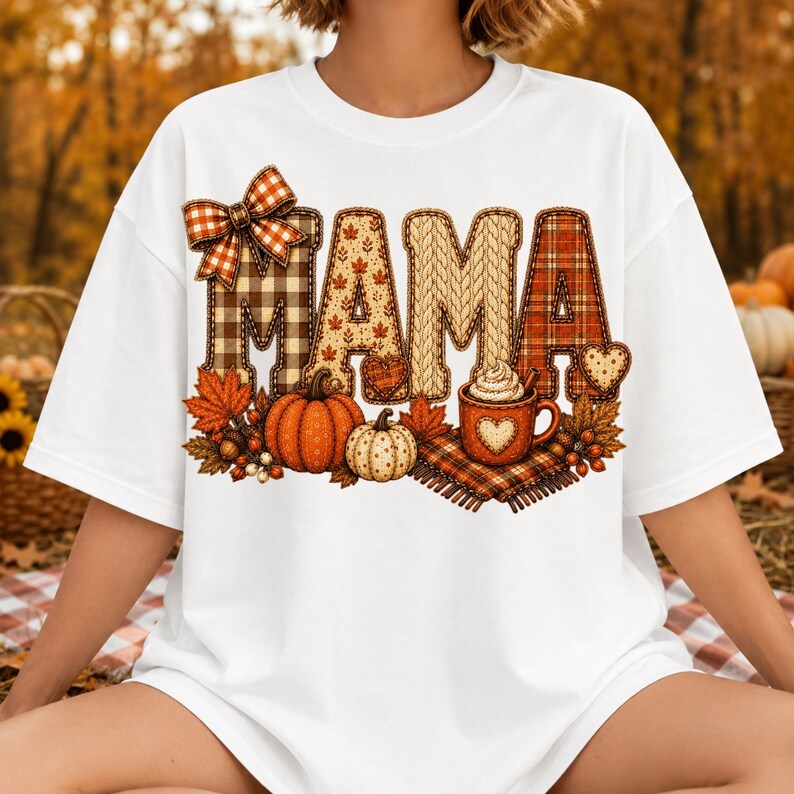 May include: A white t-shirt featuring the word MAMA in large, textured letters with plaid, knit, and leaf patterns. The design includes a plaid bow, two pumpkins, autumn leaves, and a mug of hot beverage with a heart shape on the front.