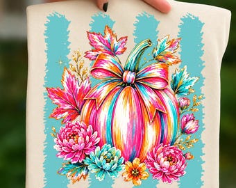 Colorful Coquette Pumpkin PNG, Bright Fall Pumpkin PNG, Floral Autumn Pumpkin Design, Trendy Pumpkin Bow Sublimation Download