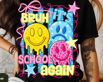 Bruh It's School Again Png, Funny Back To School Design, Drippy Smiley Faces, Teacher Student Sublimation, Digital Download