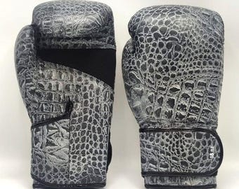 Grey Crocodile Embossed Leather Boxing Gloves: MMA Training, Sparring