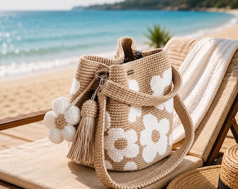 Bolso de cubo de flores de ganchillo para mujer, bolso cruzado de punto hecho a mano, bolso de hombro estilo boho, regalo