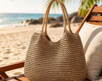 Women's Raffia Tote Bag, Woven Straw Shoulder Purse, Summer Beach Vacation Handbag