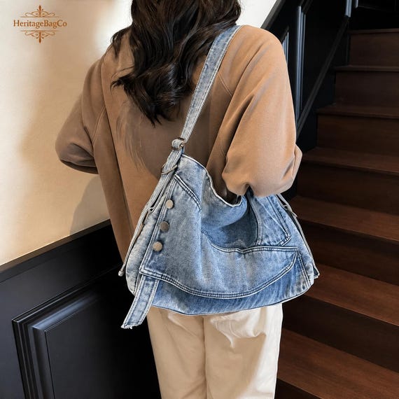 Vintage Washed Denim Tote Bag for Women Adjustable Shoulder Crossbody Purse Large Capacity, Gift