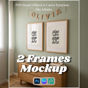 May include: Two vertical wooden picture frames hanging on a sage green wall above a wooden dresser. The frames contain white paper with the black text place your design here. A wooden letter banner spelling OLIVIA hangs above the frames.