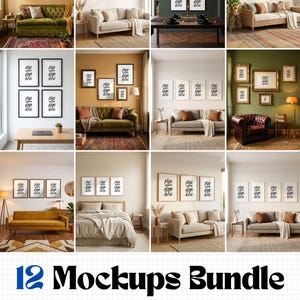 12 Wall Art Mockup Bundle, Gallery Wall Mockup PSD, Canva Template, Set of 3 4 5 Frames, Living Room Bedroom, Boho Minimalist Vintage Retro