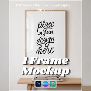 Maqueta de marco de roble en PSD y plantilla de Canva, póster de arte mural con proporción DIN A, escena de interior minimalista de lino blanco con objeto inteligente de Photoshop