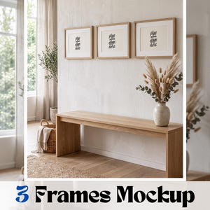 3 horizontale Rahmen-Mockups im organisch-modernen Stil, Triptychon-Landschaftskunst (PSD), Canva-Vorlage, Eingangsbereich-Holzbank, Japandi-Poster-Set