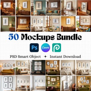 50 Wall Art Mockup Bundle, Mega Frame Mockup PSD, Canva Template, Gallery Wall Grid Set, Mid Century Modern Living Room, Nursery Pack