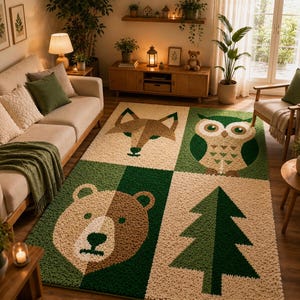 Peut inclure: Un tapis rectangulaire présentant un motif en grille à quatre panneaux. Les panneaux affichent une tête de renard marron stylisée, un hibou vert et beige, une tête d'ours marron et un sapin vert. Le tapis a une surface texturée à poils longs.