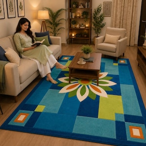 Modern Geometric Floral Area Rug – Blue & Green Mosaic Design