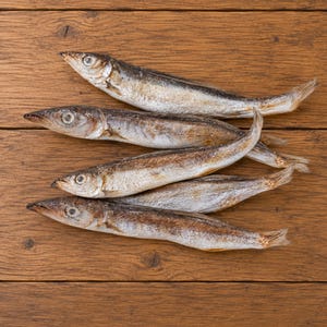 May include: Five dried fish arranged horizontally, each featuring a slender, elongated body with a pointed head, visible scales, and a muted silver-brown color palette. The fish are positioned in a stacked formation, showcasing their natural texture.