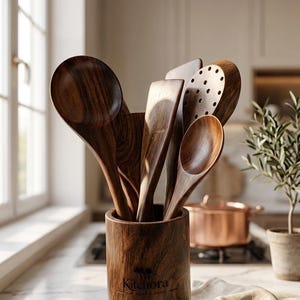 Op de afbeelding: Een set donkerbruine houten keukengerei, waaronder lepels, een spatel en een schuimspaan, geplaatst in een bijpassende cilindrische houten houder. De houder is voorzien van de tekst Kitchora op de voorzijde.