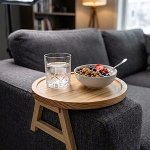 Op de afbeelding: Een ronde houten bankarmleuningtafel met een lichte natuurlijke houtnerfafwerking, voorzien van twee scharnierende poten die de zijkanten van de bank vastgrijpen. Het dienblad bevat een helder glas water en een witte keramische kom met granola en fruit.