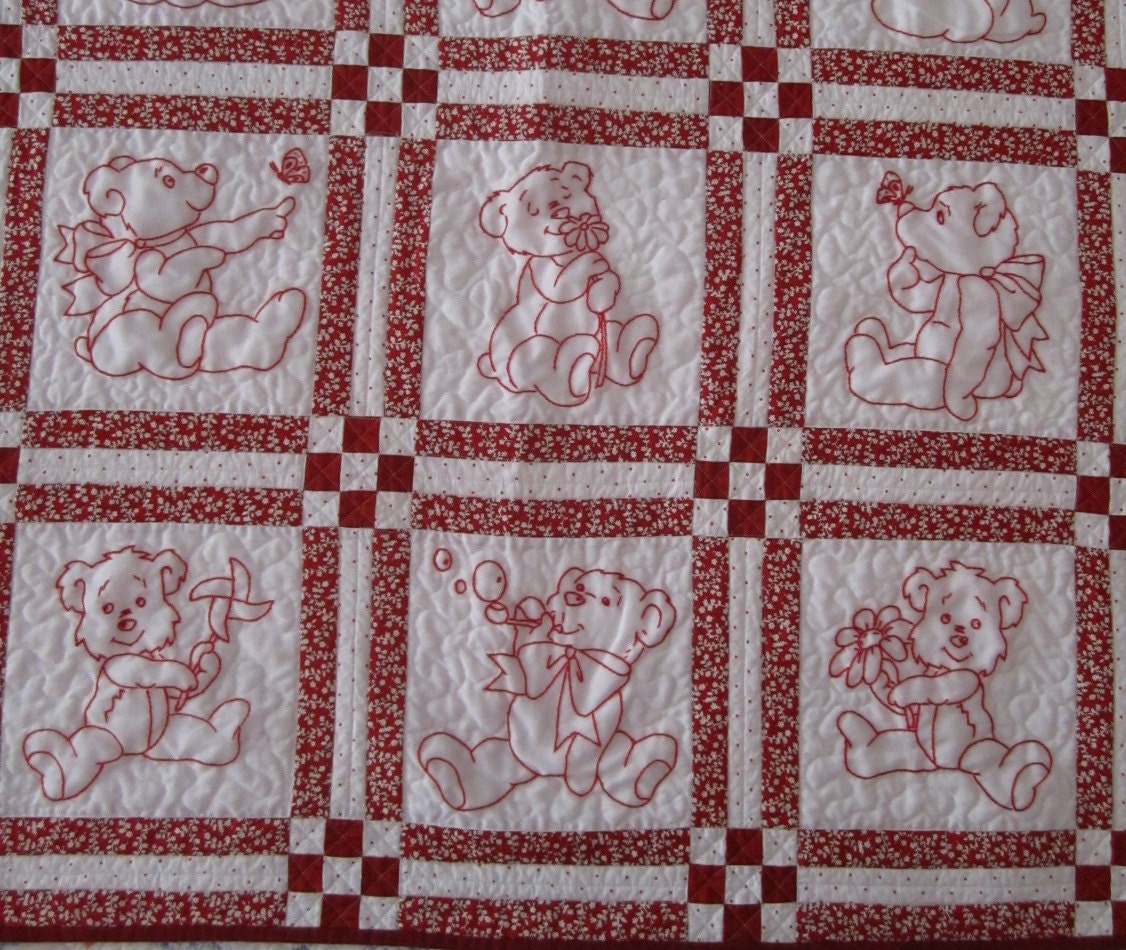 Baby quilt hand embroidered teddy bear redwork Etsy