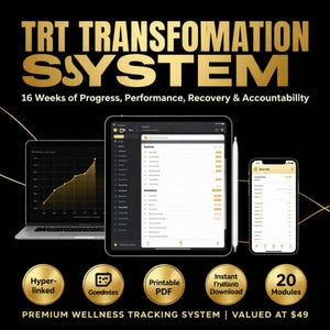 Könnte beinhalten: Ein digitales Wellness-Tracking-System mit dem Titel TRT TRANSFOMATION SYSTEM, 16 Weeks of Progress, Performance, Recovery & Accountability. Enthält einen Laptop, ein Tablet mit Stift und ein Smartphone sowie fünf goldene Symbole.