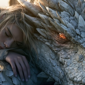 Könnte beinhalten: Eine Person mit langem blonden Haar, die ihren Kopf auf den Rücken eines großen, weißen, texturierten Drachen mit scharfen Schuppen und einem leuchtend orangefarbenen Auge legt. Der Drache hat eine komplexe, geschichtete, steinartige Panzerung.
