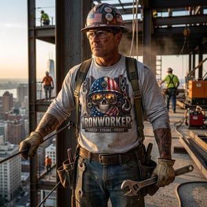 May include: A long-sleeve gray t-shirt featuring a graphic of a skull wearing a hard hat and sunglasses, with the text IRONWORKER RUGGED STRONG PROUD. The shirt is worn with a tool belt, leather gloves, and a hard hat with American flag decals.