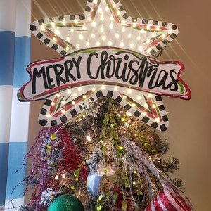 Christmas tree topper, traditional Christmas colors, star tree topper, with lights