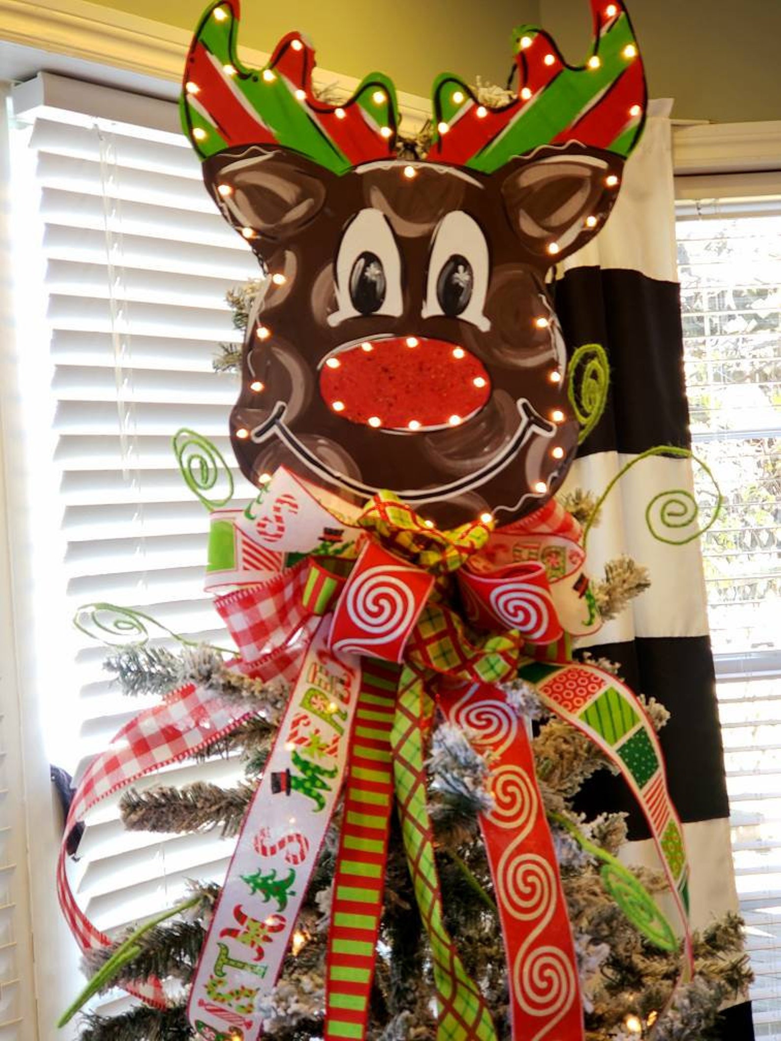 Rudolph Christmas Tree Topper – Glitter Red Nose, 50 Lights - Etsy