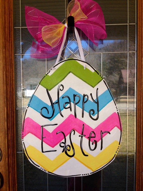 Painted Sign Egg Door Hanger Chevron Pattern Pastels Wood Etsy