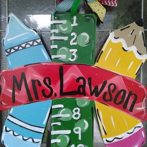 Teacher Gift Door Hanger Crayon Pencil Ruler Rubber Band Pencil Classroom Door Sign