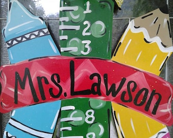 Personalized Teacher Door Hanger: Crayon, Pencil, Ruler, 22" Wood Sign